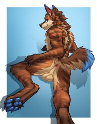 anthro anus balls black_nose blue_claws blue_eyes blue_pawpads brown_body brown_fur canid canine claws fangs finger_claws fur genitals glistening glistening_eyes hi_res looking_at_viewer male male_anthro mammal mouth_closed nude orange_body orange_fur pawpads perineum rear_view simple_background solo solo_male striped_arms striped_legs tan_balls tan_body tan_fur tan_perineum teeth white_background yookie