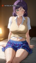 ;) aqua_eyes arm_support blue_skirt blush breasts cleavage closed_mouth clothes_lift collarbone collared_shirt dress_shirt female green_eyes hair_ornament hair_scrunchie indoors lamp large_breasts long_hair looking_at_viewer love_live! love_live!_school_idol_project low_twintails meitabuu midriff midriff_peek miniskirt nail_polish navel on_bed one_eye_closed open_collar otonokizaka_school_uniform parted_bangs partially_unbuttoned pillow pink_scrunchie plaid plaid_skirt pleated_skirt purple_hair purple_nails school_uniform scrunchie see-through_shirt shirt shirt_lift short_sleeves sitting skirt smile solo stomach summer_uniform sweat sweater_vest sweaty_clothestoujou_nozomi swept_bangs thighs toujou_nozomi twintails very_sweaty vest wet wet_clothes wet_hair wet_shirt white_shirt yellow_vest