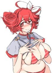 1girls 2d 2d_(artwork) ahoge alternate_version_available artist_request belly big_breasts bikini blush blush breasts chubby chubby_female cleavage crop_top cropped_jacket female female_only hair_ornament hairbow hands_on_breasts huge_breasts kasane_teto kasane_teto_(sv) large_breasts navel overflowing_breasts red_eyes red_hair skindentation slim_girl slim_waist small_waist solo solo_female striped_bikini synthesizer_v twin_drills utau white_background wide_hips