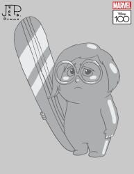 1girls breasts chubby fantastic_four female female_only glasses grey_background herald humanoid inside_out marvel marvel_cinematic_universe marvel_comics metallic_body metallic_skin naked no_breasts nude pixar sad sadness_(inside_out) silver_body silver_skin silver_surfer superheroine surfboard surfing_board