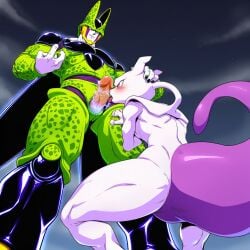 ai_generated anthro cell_(dragon_ball) dragon_ball dragon_ball_z electricity fellatio from_below green_skin hand_on_another's_head licking_penis looking_down male mewtwo muscular_male perfect_cell pokemon smiling