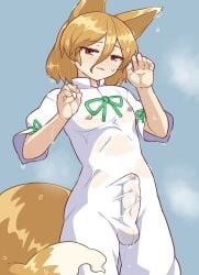 animal_ears blonde_hair blush bonobo-kun_(artist) cock fox fox_ears fox_girl fox_tail fully_clothed futanari kudamaki_tsukasa light-skinned_futa light_skin nipples penis touhou unconnected_marketeers wet wet_clothes