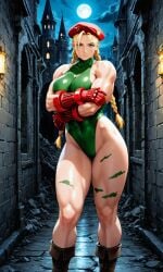 blonde_female blonde_hair cammy_white castle horror hunted leotard muscular muscular_female sexual sexy standing street_fighter street_fighter_6 torn_clothes xvidart