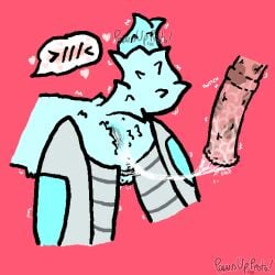 after_sex animal_genitalia animal_penis anthro blue_body blue_fur bodily_fluids chastity_cage chastity_device cum cum_in_ass cum_inside cum_on_penis cum_string duo equid equine equine_genitalia equine_penis frost_(ac) fur genital_fluids genitals heart_symbol machine male male/male mammal paws_up_proto! penis protogen simple_background speech_bubble