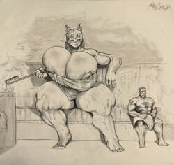 breasts cleavage cleavage_overflow female female/male fox fox_ears heat huge_breasts huge_thighs in_heat inverted_nipples large_areolae larger_female male muscular muscular_female nipple_bulge nipples sauna size_difference sweat towel