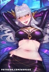 ai_generated arms_behind_head big_ass big_breasts big_butt big_thighs blush evelynn huge_ass huge_breasts huge_butt huge_thighs k/da_all_out_evelynn k/da_all_out_series k/da_series lying wanuze white_hair wide_hips yellow_eyes