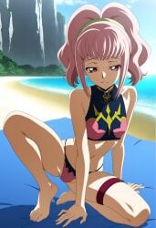 1girls ai_generated anya_alstreim bikini clothed clothed_female code_geass duderu_vanilla female female_only pink_eyes pink_hair solo swimsuit