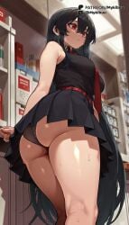1girls ai_generated akame_(akame_ga_kill!) akame_ga_kill! armpit_crease ass ass_focus bare_arms bare_shoulders belt black_hair black_panties black_shirt black_skirt blurry breasts closed_mouth collared_shirt feet_out_of_frame from_behind from_below hair_between_eyes indoors kneepits large_breasts long_hair medium_breasts miniskirt mykibuu necktie panties pleated_skirt red_belt red_eyes red_necktie refrigerator shirt sidelocks skirt sleeveless sleeveless_shirt solo standing steaming_body sweat thighs twisted_torso underbutt underwear upskirt vending_machine very_long_hair