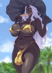 1futa 2d allurmilk alternate_version_available balls balls_in_panties ballsack bikini black_skin bulge elden_ring elden_ring_nightreign futa_only futanari gold_bikini hat hi_res highres ice_cream penis_in_panties recluse_(nightreign) solo solo_futa tagme white_hair witch_hat zheng