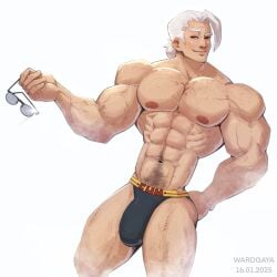 1boy abs artist_name bara bulge dated glasses male male_focus male_only muscular muscular_arms muscular_chest muscular_male nipples pecs pectorals sakamoto_days sakamoto_taro shirtless solo solo_male text thighs topless topless_male wardgaya