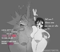 2girls big_ass big_breasts big_butt boob_squish breasts cat_ears docking female grey_body huge_ass huge_breasts huge_nipples long_tongue musk musk_clouds nipple_piercing nipples oc reese_(suggestoaster_) saliva saliva_string squished_breasts suggestoaster_ sweat sweatdrop sweating sweaty text white_body