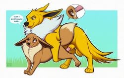 animal_genitalia animal_penis animal_pussy animal_vulva balls bodily_fluids browniesnsfw canine_genitalia canine_penis canine_pussy canine_vulva cum dialogue duo eevee eeveelution ejaculation female feral generation_1_pokemon genital_fluids genitals hi_res jolteon male male/female nintendo penis pokemon pokemon_(species) pussy speech_bubble vulva
