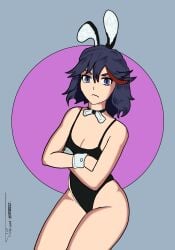 arms_crossed artist_signature bare_legs black_hair blue_eyes bunny_ears bunny_girl cleavage curvy ironsiderodger kill_la_kill light-skinned_female light_skin matoi_ryuuko red_streak