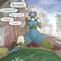 1boy 1girls alien_girl blue_body blue_skin blush bottomless breasts breasts_out female functionally_nude functionally_nude_female guardsman_(warhammer_40k) imperial_guard male medium_breasts nipples pussy red_eyes roadiesky silver_hair tau text text_bubble warhammer_(franchise) warhammer_40k