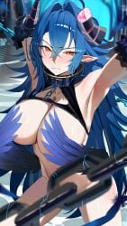 1girls armpits belly_button blue_hair blush breasts broken_horn chains female female_only horns huge_breasts indie_virtual_youtuber light-skinned_female light_skin nose_blush oumiya_emma pointy_ears red_eyes restrained solo virtual_youtuber