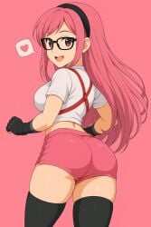 ai_generated big_breasts blush breasts breasts fat_ass glasses happy heart long_hair looking_at_viewer nice_ass not_porn oc original_character pink_background pink_eyes pink_hair pink_shorts pinku_(oc) shorts smile smiling_at_viewer thick_ass thick_thighs thighhighs tight_clothing tight_fit watching white_shirt
