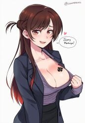 ai_generated big_breasts breast_tattoo breasts brown_eyes brown_hair caption cleavage coomersucc english_text female female_only kanojo_okarishimasu long_hair mizuhara_chizuru netorare ntr open_jacket queen_of_spades shirt_pull solo_female solo_focus spade spade_tattoo speech_bubble tagme white_background