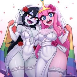 2girls adventure_time asymmetrical_docking black_hair blue_eyes breast_press breast_squeeze breasts bride canon_couple cartoon_network colored_skin female grey_body grey_skin holding_hands implied_marriage lace leotard lesbian_couple lezaki-thefatlizard lgbt_pride lgbt_pride_month looking_at_viewer marceline pink_body pink_hair pink_skin pride_color_flag pride_colors princess_bubblegum red_eyes revealing_clothes see-through see-through_clothing thighhighs vampire vampire_girl wedding wedding_dress wedding_veil yuri