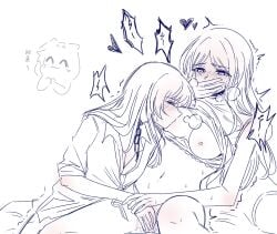 2girls :3 ^_^ bang_dream! bang_dream!_it's_mygo!!!!! blush breast_sucking breasts breasts_out chains chihaya_anon closed_eyes clothes_lift collar fan_jing female fingering highres long_hair monochrome multiple_girls nagasaki_soyo navel nipples pussy_juice shirt_lift sidelocks sweat translation_request yuri