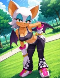 2025 ai_generated bat_ears bat_girl bat_tail bat_wings belly black_pants black_topwear blue_eyeshadow deviantart elryusam female flower_pants green_eyes_female grinning_at_viewer hand_on_hip hand_on_leg looking_at_viewer meta park_background racing_suit racing_uniform rouge_the_bat rouge_the_bat_(riders) sega smile_at_viewer smiling_at_viewer sonic_(series) sonic_riders sonic_the_hedgehog_(series) tummy white_gloves white_shoes wings_on_back