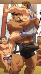 2boys 4boys bara big_dom_small_sub big_penis bulge bulge_through_clothing carrying carrying_partner dilf erect_penis erection gay_domination glasses huge_cock imminent_sex large_penis muscular muscular_male unspoken_(firebreath110) wrestler wrestling wrestling_outfit
