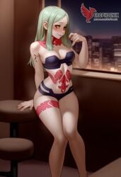 1girls 2d ai_generated ass back bare_shoulders barefoot big_ass bra cyberpunk:_(edgerunners) cyberpunk_2077 erophoenix female female_focus full_body green_hair long_hair looking_at_viewer pale_skin pale_skinned_female panties patreon_username rebecca_(edgerunners) red_eyes red_sclera sitting small_breasts smile soles solo tattoo thick thick_thighs uncensored underwear yellow_eyes
