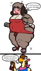 1boy 1girls 2019 2_horns 2d animal_crossing anthro anthro_only ascot ass bag bare_back belly big_butt biped blush bracelet breasts brown_body brown_hair brown_skin bulge canid canine canis cleavage clothed clothing color colored colored_nails comic crossdressing digby_(animal_crossing) digital_drawing_(artwork) digital_media_(artwork) dog domestic_dog dress ear_piercing ear_ring embarrassed english_text female femboy feminized_male flat_colors footwear freckles giraffe giraffid gracie_(animal_crossing) hair hair_over_eye headlight high_heels horn huge_butt jewelry lipstick makeup male mammal moobs nails navel nervous nintendo nipples one_eye_obstructed open_toe_heels open_toe_shoes overweight overweight_anthro overweight_male partially_clothed paws piercing purse red_clothing red_thong red_underwear ring_piercing shih_tzu shoes sideless_clothing sideless_dress signature simple_background simple_eyes smile speech_bubble standing strapless_clothing strapless_dress teeth thick_thighs thong tight_clothing topwear toy_dog watermark wide_hips wittless-pilgrim