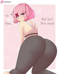 1girls accessory artist_name ass back bangs border bottomwear clothed clothing dialogue doki_doki_literature_club english_text female hair_accessory hair_ornament hairclip kneeling light-skinned_female light_skin looking_at_viewer looking_back looking_back_at_viewer matching_hair/eyes natsuki_(doki_doki_literature_club) pants pink_eyes pink_hair raionart rear_view short_hair short_twintails solo solo_female solo_focus sweat sweaty sweaty_body swept_bangs talking talking_to_another talking_to_viewer tank_top text thick_thighs thighs topwear twintails twintails_(hairstyle) viewed_from_behind white_border
