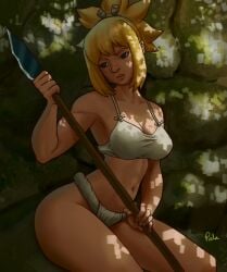 1girls ass blonde_female blonde_hair blonde_hair dr.stone female female female_only kohaku_(dr.stone) lewdpala old_art spear swimsuit swimwear tagme thighs