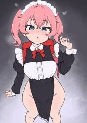 backpack blue_eyes blush blush front_view haruka_(whomperfruit) long_sleeves maid_headdress maid_uniform no_panties oc original_character pink_hair revealing_clothes revealing_outfit shortstack thick_thighs whomperfruit wide_hips