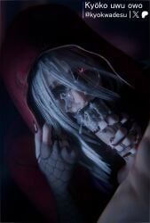 3d black_nails cum cum_in_mouth dead_by_daylight fishnets glasses glowing_eyes kyokwadesu light-skinned_female light-skinned_male little_red_riding_hood_(cosplay) long_hair long_nails nose_piercing penis red_eyes sable_ward white_hair