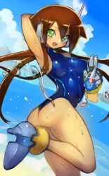 1girls aile beach binelu01 blue_sky clouds curvy dakusuta female large_ass leg_up medium_breasts mega_man mega_man_zx one-piece_swimsuit open_mouth outdoors smile thick_thighs v voluptuous wide_hips