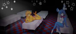 2girls android animatronic anthro bear_girl big_breasts blue_body blue_fur blue_hair blue_skin bonnie_(fnia) bow bowtie breasts bunny_ears bunny_girl bunny_tail bunnygirl camera camera_view chica_(fnia) chicken_girl cleavage featureless_breasts female female_only five_nights_at_freddy's five_nights_in_anime five_nights_in_anime_rebooted fnaf fnia freckles freckles_on_face furry gameplay_mechanics green_eyes huge_breasts laying_down legs_crossed multiple_girls no_nipples open_mouth pose posing rabbit rabbit_girl red_panties red_thong ribbon robot robot_girl robot_humanoid seductive sitting stage thighs thong toy_bonnie_(fnia) white_body white_fur white_skin yellow_body yellow_hair yellow_skinned_female