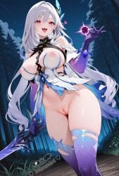 :d absurdres ai_generated bangs bare_shoulders blush bottomless breasts butterfly_hair_ornament cleavage cleft_of_venus detached_sleeves dress elbow_gloves female full_moon genshin_impact gloves grey_hair guns_girlz_(series) hair_between_eyes hair_ornament hand_up heart highres holding holding_sword holding_weapon honkai:_star_rail honkai_(series) jewelry large_breasts long_hair looking_at_viewer moon navel night night_sky nipples niraniri no_bra no_panties open_mouth outdoors pink_eyes purple_gloves purple_thighhighs pussy revealing_clothes see-through skindentation skirk_(genshin_impact) sky smile solo standing star_(sky) starry_sky stomach sword thighhighs thighs tongue tongue_out tree very_long_hair weapon white_dress white_hair