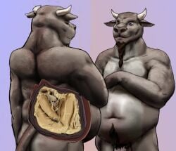 2023 anthro anthro_pred anthro_prey ass balls beard belly big_belly blue_eyes bovid bovine braided_beard canid canine colored duo european_mythology facial_hair fur genitals greek_mythology grey_body hand_on_belly horn jeri_kleinlowe male male/male male_pred male_prey mammal minotaur mirror muscular mythology navel nipples nude_pred nude_prey penis pink_background pink_penis pubes rear_view simple_background smile standing tail tan_body tan_fur unwilling_prey vore white_body willing_pred yellow_body yellow_fur