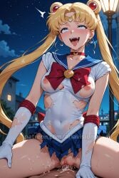 ahe_gao ai_assisted ariavisions blonde_hair blue_eyes breasts_out cowgirl_position cum_in_pussy double_bun drooling earrings female laughing patreon riding_penis sailor_moon torn_clothes twintails