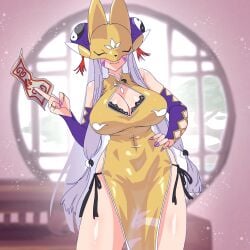 1girls 2d blush breasts chinese_clothes digimon dress female gerusyu hair headgear helmet hidden_face large_breasts long_hair looking_at_viewer mask no_panties ofuda sakuyamon side-tie_dress solo