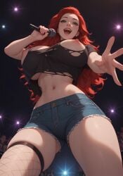 ai_generated concert fishnet_legwear green_eyes jean_shorts large_breasts microphone morgan_bewick nipples nipples_visible_through_clothing reaching_towards_viewer red_hair ripped_clothing ripped_shirt smile thigh_squish