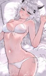 arknights aroused ass_visible_through_thighs bikini blush cameltoe empty_eyes in_heat kyuu_(plastic_night_q) lappland_(arknights) large_ass lying_on_bed medium_breasts saliva steam sweat sweaty thick_thighs white_bikini wide_hips