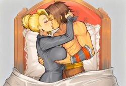 ai_generated babe beautiful beautiful_females bed bed_covers bimbo blonde_female breast_grab breast_squeeze brown_hair busty busty_female clothed_breasts clothed_female_nude_male crossover crossover_shipping curvy deep_kissing dreson earrings eyes_closed eyeshadow fantasy fighting_game hair_bun hand_in_another's_hair hetero kilik kilik_kiss_mature king_of_fighters kissing large_breasts lipstick lovely making_love mature_(kof) nai_diffusion namco namco_bandai passionate sexy snk soul_calibur straight video_game_character video_game_franchise video_games villainess_on_hero wrist_band