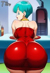 ai_generated arched_back ass ass_bigger_than_head ass_focus back_view bending_over big_ass blue_eyes blue_hair bubble_butt bulma_briefs clothed clothing dragon_ball dragon_ball_super dragon_ball_z dress hourglass_figure indoors looking_at_viewer looking_back milf mommy narrow_waist red_clothing shiny shiny_clothes short_hair t8r thicc thick_thighs thighs tight_clothing wide_hips