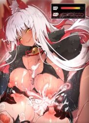 1futa 1girls big_breasts cowgirl_position cum cum_in_pussy cum_inside energy_drain erect_nipples erection excessive_cum female_on_futa fox_ears futa_pov futanari hp_bar huge_breasts kemonomimi kurarome light-skinned_futa long_hair mp_bar nipple_stimulation nipples orange_eyes original original_character penis_in_pussy pink_nipples plump raped raped_by_enemy raped_female red_eyeshadow sex shaking shaking_butt smile smiling succubus sweat sweatdrop tan_body tan_skin tongue_out white_hair
