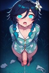 ai_generated exhibitionism femboy hypnosis hypnotic_eyes long_hair night outdoors panties partially_clothed peeing peeing_self penis venti_(genshin_impact) wide_hips