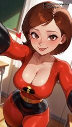 1girls :p ai_generated belt black_gloves blush bodysuit boots breasts brown_eyes brown_hair classroom cleavage collarbone curvy desk disney gloves heart helen_parr indoors large_breasts looking_at_viewer mature_female mykibuu orange_belt patreon_logo patreon_username red_bodysuit selfie short_hair smile solo swept_bangs the_incredibles thigh_boots thighhighs thighs tongue tongue_out wide_hips
