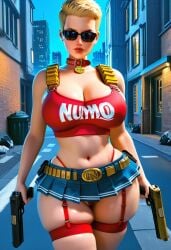 ai_generated bimbo blonde_female blonde_hair collar duke_nukem duke_nukem_(series) female garter garter_straps genderswap_(mtf) gun gun_in_hand miniskirt pleated_skirt rule_63 shades skindentation sunglasses tagme tank_top thong tinted_eyewear