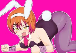 1girls all_fours blush comission digital_drawing_(artwork) digital_media_(artwork) female fist heart-shaped_pupils hoshizora_rin orange_hair playboy_bunny rabbit_ears rabbit_hole_(vocaloid) rabbit_tail slsh404 solo tagme