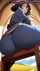1girls 2025 ai_generated artist_name ass black_hair brown_eyes cassandra_(tangled) dark-skinned_female desk disney electroworld female hi_res high_quality high_resolution highres lips looking_back on_desk patreon patreon_username solo stable_diffusion tangled tangled:_the_series uniform watermark