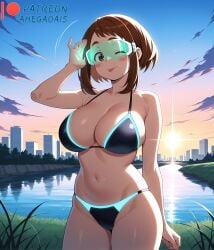 1girls ahegao_ai ai_generated bikini bikini_bottom bikini_top boku_no_hero_academia curvy curvy_body curvy_female curvy_figure ecchi female female_focus female_only my_hero_academia neon neon_lights ochako_uraraka