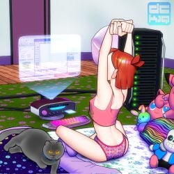 ahoge arms_over_head bedroom bedroom_background bedroom_setting black_cat blanaid_(dckiq) breasts bunny clefairy computer computer_keyboard computer_monitor computer_screen computer_tower criss_cross dckiq ddlg detailed_background drawing drawing_program facing_away facing_away_from_viewer feline female floating_screen freckles freckles_on_face freckles_on_shoulders ginger ginger_hair glowing hologram in_underwear jigglypuff light-skinned_female light_skin ms_paint pale-skinned_female pale_skin panties patterned_blanket patterned_carpet patterned_panties patterned_underwear perky_nipples plushies pokemon_(species) references relaxing retro retro_futurism retrofuturism retrofuturist sans_(undertale) scantily_clad scantily_dressed sci-fi sci_fi science_fiction sitting sitting_cross_legged sitting_on_blanket sitting_on_ground skinny skinny_female skinny_girl small_boobs small_breasts small_female smaller_female socks stretching stretching_arms tanktop underwear