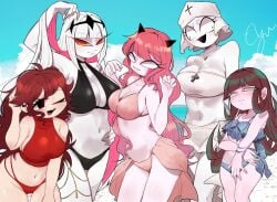 5girls ahoge beach big_breasts bikini brown_hair crown embarrassed fnf_entity friday_night_fever friday_night_funkin friday_night_funkin_mod girlfriend_(friday_night_funkin) green_hair hat horns huge_breasts huge_thighs jewelry long_hair mid-fight_masses navel nikusa_(fnf) nikusa_(sugarratio) orange_eyes pink_hair pink_skin red_eyes red_hair ribbon sarvente sarvente_(dokki.doodlez) sarvente_(fnf_mod) sarvente_(friday_night_funkin) seaside small_breasts smile swimsuit taki_(fevertown) thighs white_eyes white_hair white_skin yellow_eyes